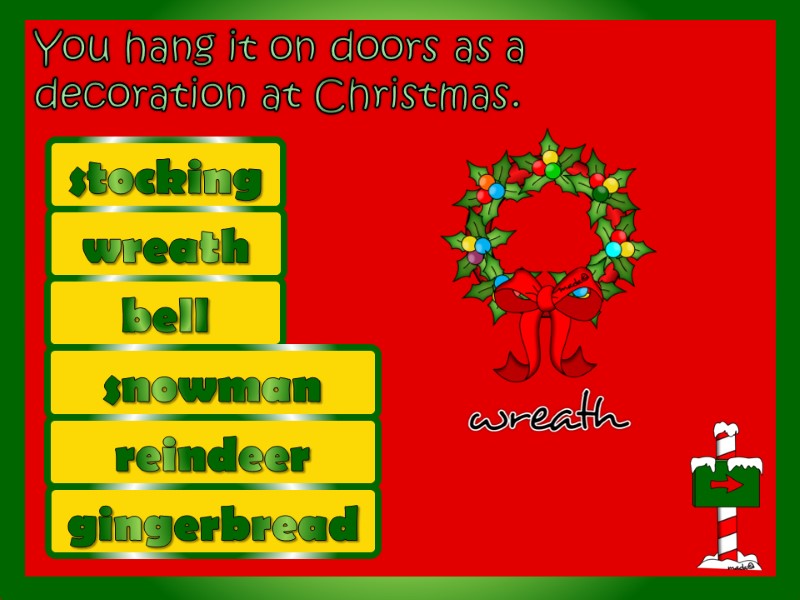 You hang it on doors as a decoration at Christmas.  stocking wreath bell